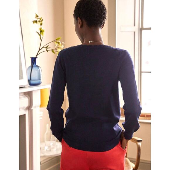 Boden Merino Wool Scallop Trim Cardigan Navy Blue Size 10 Button Front V-Neck - Picture 6 of 13